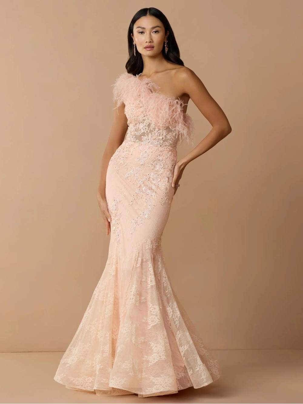 MAC DUGGAL COLLECTION Pink One Shoulder Feather Embellished Mermaid Gown